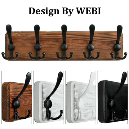 WEBI Rustic Coat Rack Wall Mount,Solid Wood Coat Hooks Wall Mounted Coat Hanger,16" Hole to Hole,Hook Rack Rail,5 Triple Hooks for Hanging Coats,Jacket,Clothes,Farmhouse,Brown