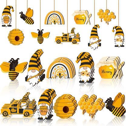Karenhi 30 Pcs Bee Ornaments Bee Christmas Tree Decorations Spring Summer Wooden Hanging Ornament Honeybee Bumble Gnome with Rope for Small Trees Baby Shower Birthday Themed Party Favors Supplies