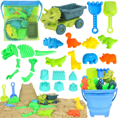 FUSPWEAO Beach Toys, Dinosaur Sand Toys with Dump Truck and Collapsible Beach Bucket, Shovel and Rake, Mesh Bag, Animal Dinosaur Sand Molds, Sand Castle Toy, Sandbox Toys for Toddlers Kids Boys