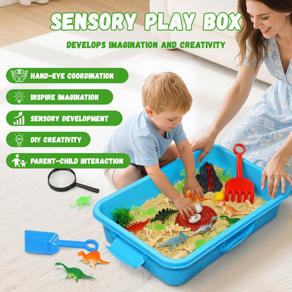 Pakimio Dinosaur Sensory Bin with Lid, 2.64lbs Magic Sand, Dino Figures, Skeletons & Archaeology Tools, Sensory Sand Kit Dinosaur Toys for Kids 3 4 5 6 7+ Year Old Boy Toddler Birthday Gift Christmas