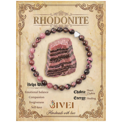 Bivei 6mm Rhodonite Crystal Stretch Bracelets for Women, Handmade Natural Stone Beaded Bracelet, Yoga Protection Jewelry Gift