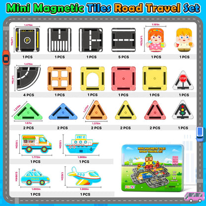 IGIVI Mini Magnetic Tiles Road Travel Essentials Set — Portable STEM Sensory Magnetic Building Blocks for Toddlers & Preschool, Compact Travel Toys for 3+ Boys & Girls, Easter Birthday Gift