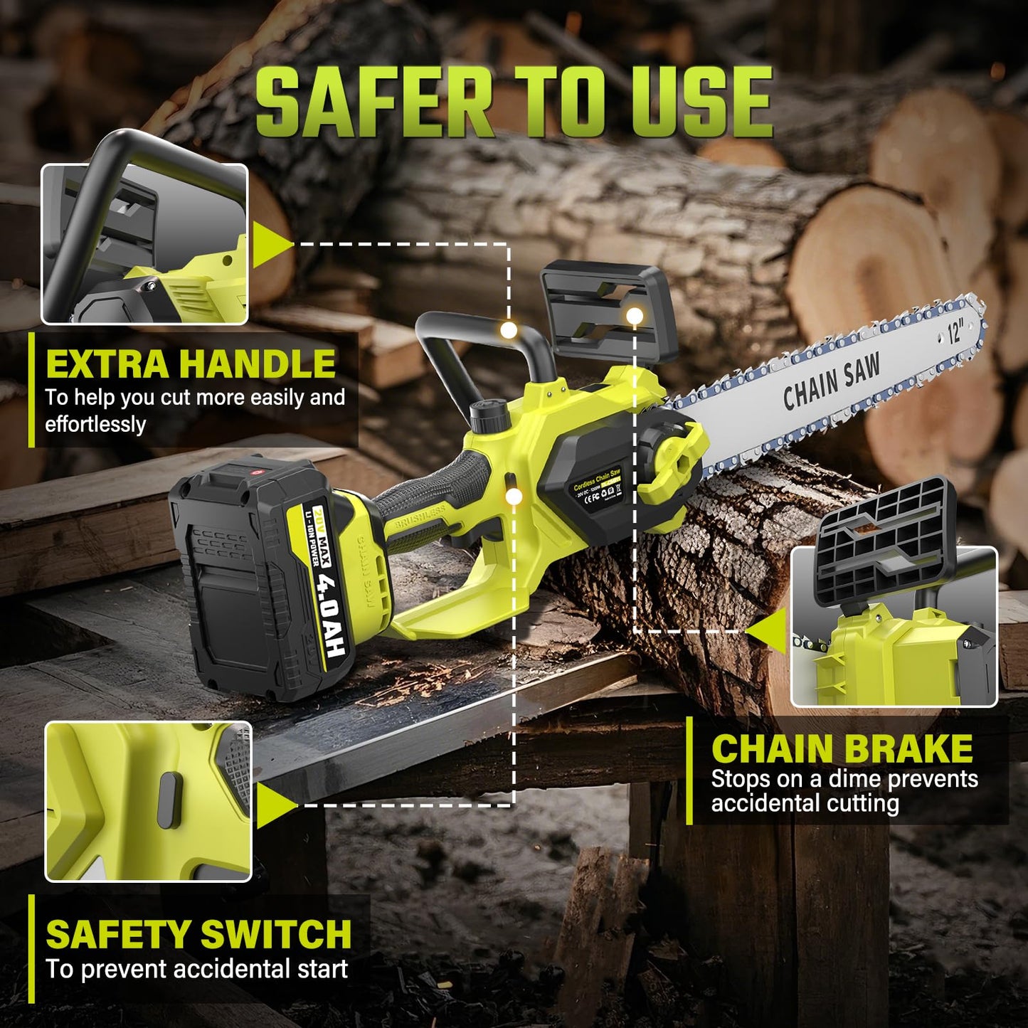12 In Electric Chainsaw Cordless, 20V Battery Chain Saw with 2x4.0Ah Li-ion Batteries, 2 x Chains, with Tool-free Chain Tension, Auto Oiling for Wood Cutting, Tree Trimming and Branch Pruning