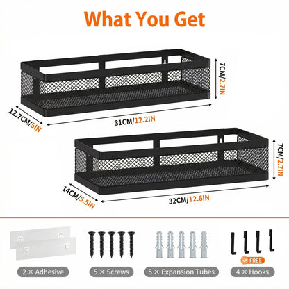 PUSDON Mesh Shower Caddy Wall Mount, Heavy Duty Adhesive Bathroom Shelf Organizer, Rustproof Floating Spice Rack for Kitchen Pantry, Holds 50 LBS, Multi-Purpose Storage Black-2 Packs (Netting)