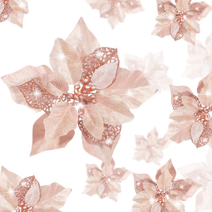 WILLBOND 36 Pieces Christmas Poinsettia Glitter Faux Flowers Christmas Artificial Flowers Tree Ornaments Topper Xmas Decorations(Rose Gold)