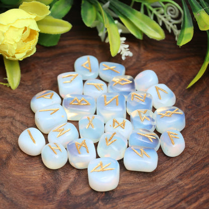 Crocon Oplaite Rune Stones Set with Elder Futhark Alphabet Engraved Symbol for Energy Genrator Chakra Balancing EMF Protection Home Office Decorative Stone Size :- 15-20 mm Approx