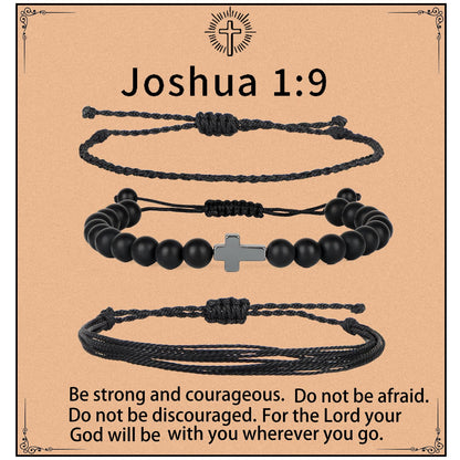 QOGIR Handmade Healing Bracelets,8mm Natural Matte Black Onyx Cross Beaded Bracelet for Men Women Gifts with 2PCS Size Adjustable Rope Bracelets
