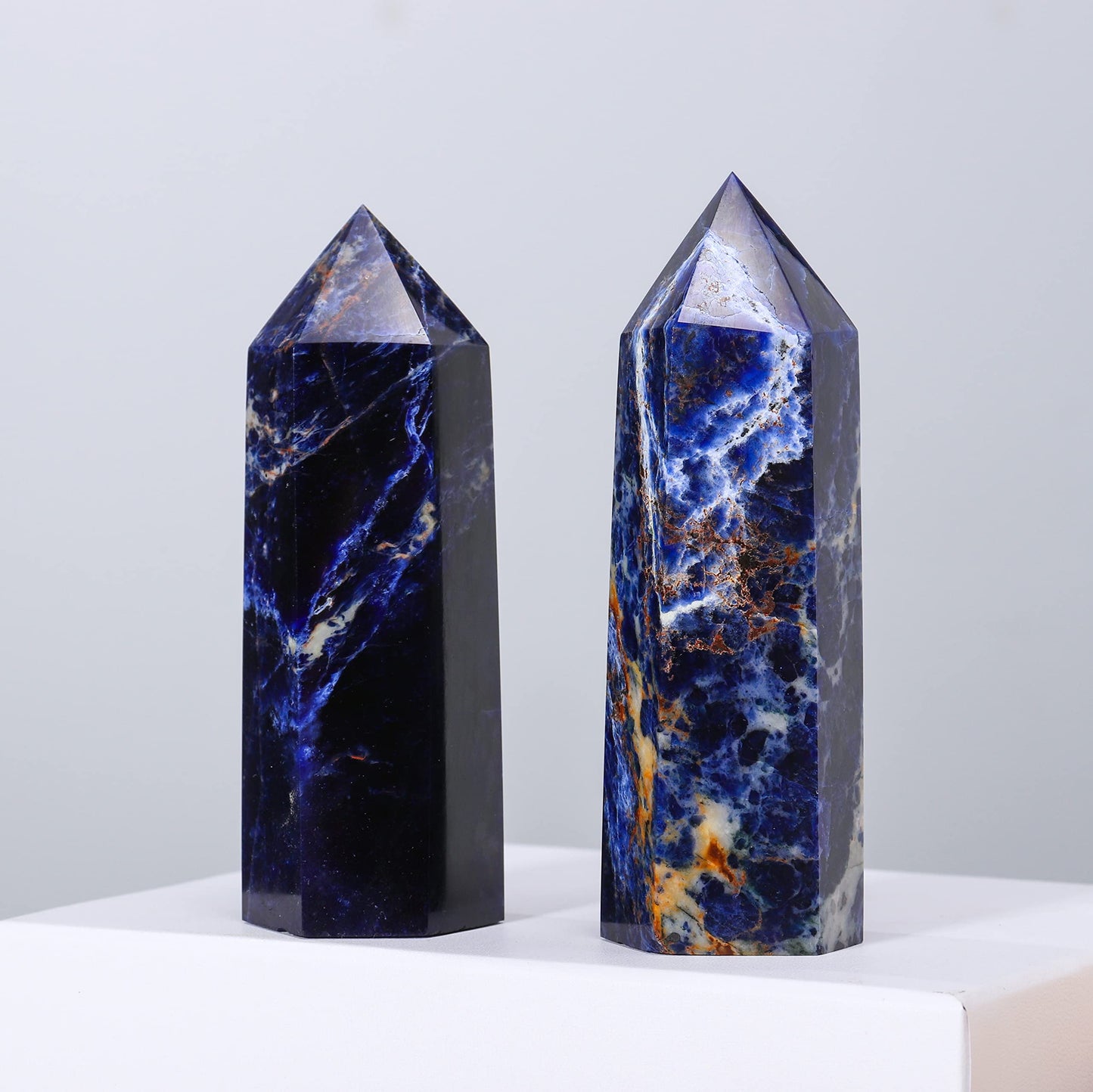Runyangshi Large Sodalite Natural Healing Crystal Wand 4.72"-5" Blue-Veins Stone Quartz Tower 6 Faceted Single Point Crystals Prism Wand for Meditation Reiki Chakra Therapy Home Decor Gift