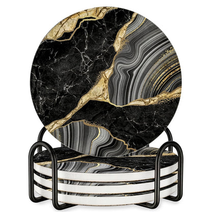 Elegant Black & Gold Marble Ceramic Coasters - Set of 4 with Black Metal Holder - Round Drink Coasters for Coffee, Tea, Whiskey, Wine - Stylish Home & Kitchen Decor