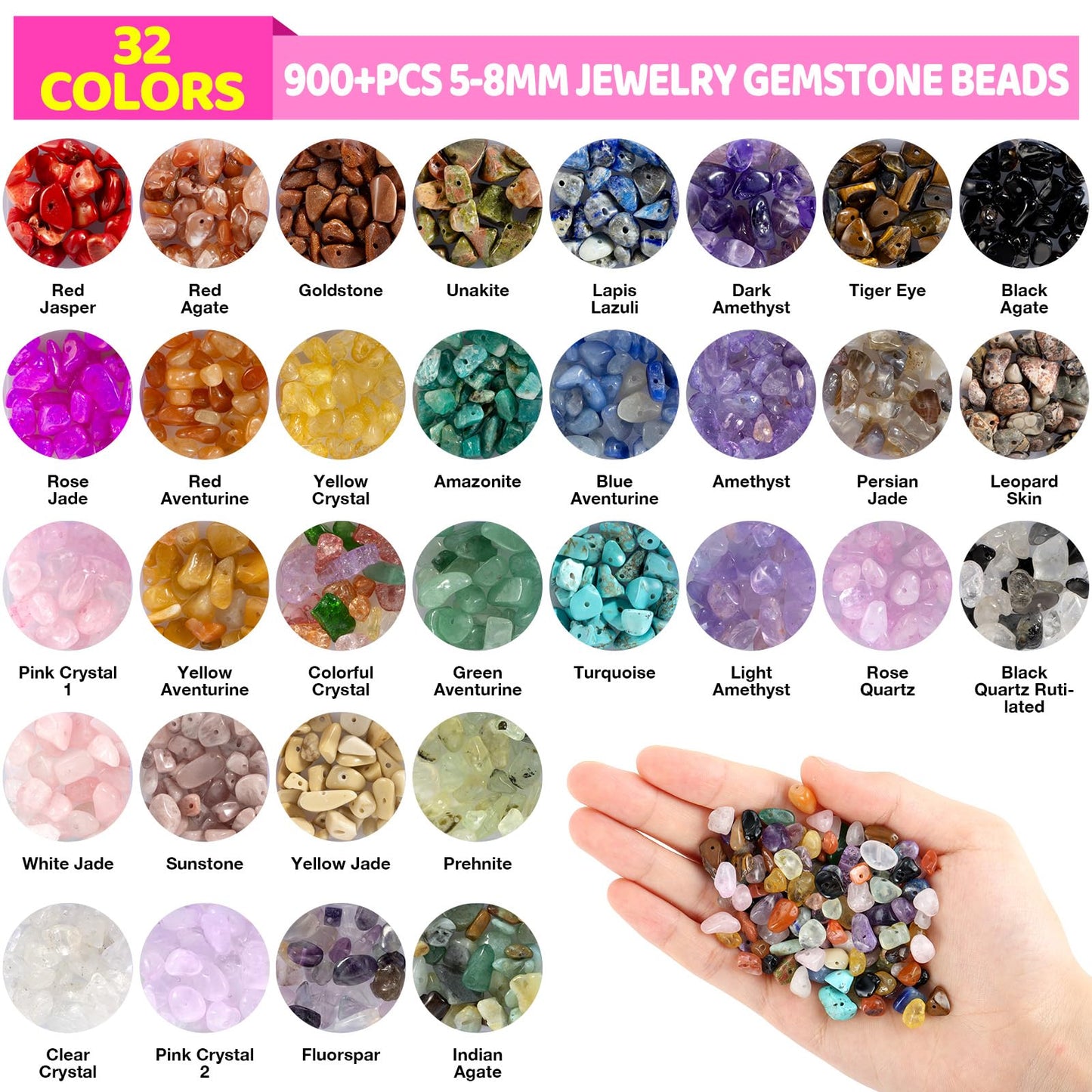 Funtopia 32 Colors Crystal Beads for Jewelry Making,1200 Pcs Natural Stone Beads Bracelet Making Kit Adults 5-8mm Irregular Crystals and Gemstones Chips for Bracelet Necklace Earring DIY Craft