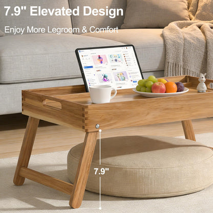 22"x14" Acacia Wood Folding Bed Tray Table, Extra Large Breakfast in Bed Tray with Raised 7.9" Leg Space, Foldable Legs, Tablet & Phone Slots, Cable Grooves, Food Tray for Bed