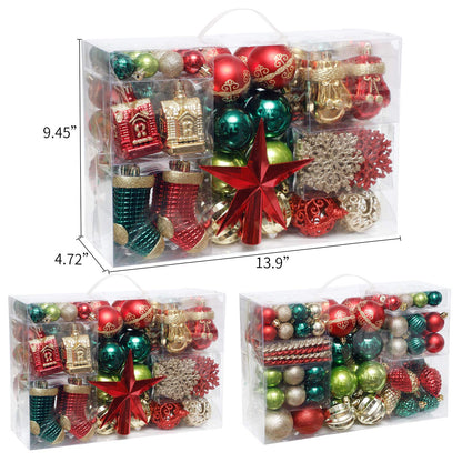 ROSELEAF 132pcs Christmas Tree Decoration Set - Red, Green & Gold Shatterproof Hanging Ornaments - Folk Art Style - Christmas, Wedding, Anniversary