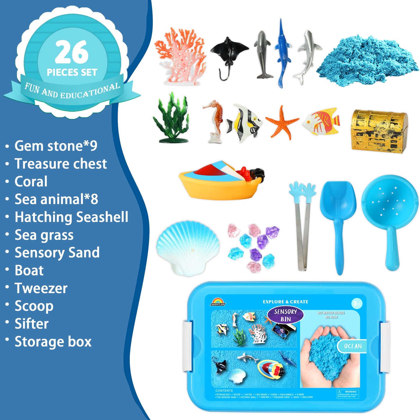 AGENTLAN Ocean Sensory Bin, Ocean Sensory Water Toys with Sea Animal for Toddlers Boys and Girls, Kids Toys Gift Sand Box for Age 3 4 5 6 7 8