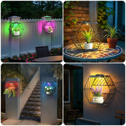GOESWELL Wall Plant Holder with Solar Light: Outdoor Waterproof Wall Lamp Metal Plant Stand Decor for Garden Yard Porch Patio Balcony Fence