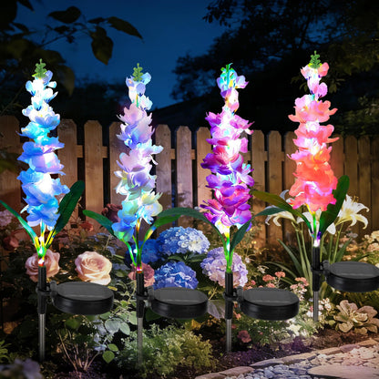 4 Pack Color Changing Solar Lights Outdoor Waterproof, Solar Delphinium Flower Stake Lights Auto ON/Off Solar Garden Lights for Spring Lawn Pathway Landscape Birthday Gifts for Mom Women Grandma