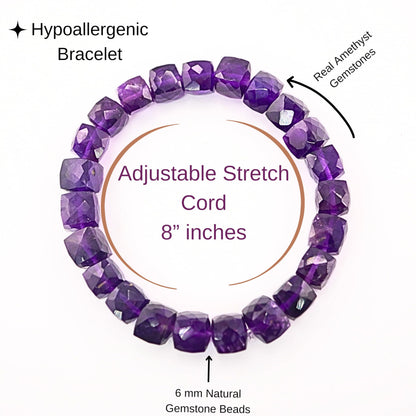 Purple Amethyst Bracelet for Women - Amethyst Crystals and Healing Stones womens Bracelet - Cube Shape Beaded Bracelets - Stretchy Bracelets for Chakra Protection, Meditation and Healing
