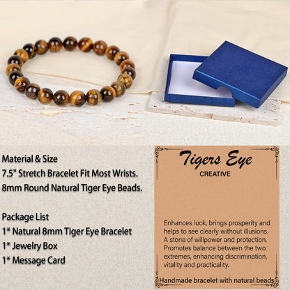 LPBeads Handmade Natural Gemstone Stretch Elastic 8mm Yellow Tiger's Eye Bracelet Healing Crystal Round Stone Beads Jewelry Gifts for Women Men