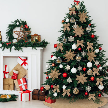 Soulchen Boho Christmas Tree Ornaments Set-40 Pcs Burlap Christmas Tree Decorations Jute Rustic Neutral Skirt Topper Bows Ball Poinsettia Snowflake Hanging Ornament Bulk for Farmhouse Xmas Party Decor