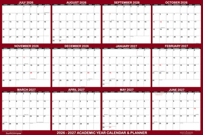 24" x 36" SwiftGlimpse 2026-2027 Academic Wall Calendar, Erasable, Large, Wet & Dry Erase Laminated, Reversible, Yearly Planner, JULY 2026 to JUNE 2027 ONLY, Maroon