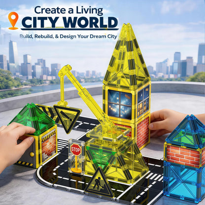 LATI Construction Magnetic Tiles City Set for Kids, Double-Sided Day & Night Building Blocks with Crane, Roads, Traffic Signs & Construction Vehicles, STEM Learning Toy for Boys & Girls Ages 3+