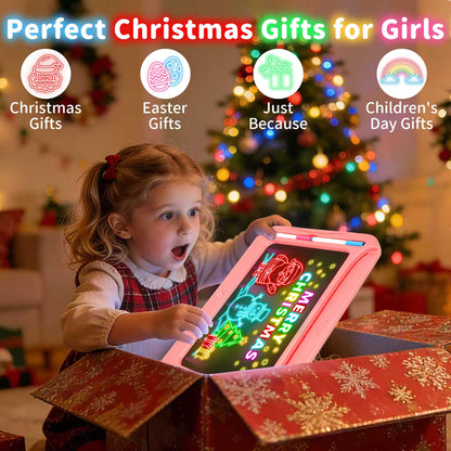 Magic LED Drawing Board for Kids, Girl Toys for Ages 5-7, Christmas Birthday Gifts, Light Up Tracing Pad, 9 Double-Sided Cards, 6 Markers, Neon Effect Doodle Writing Tablet, Arts Crafts Learning Toy