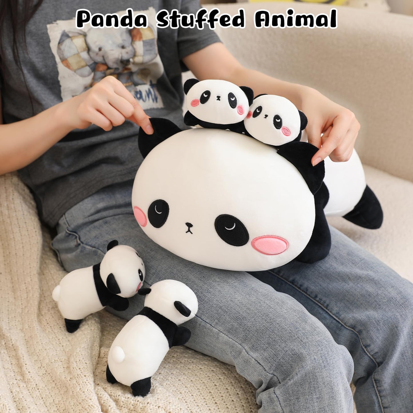 TOYSYM Panda Stuffed Animal Cute Panda Plush Pillow with 4 Baby Plushies in Her Tummy, Soft Cotton Stuffed Animals Toy Gifts for Kids