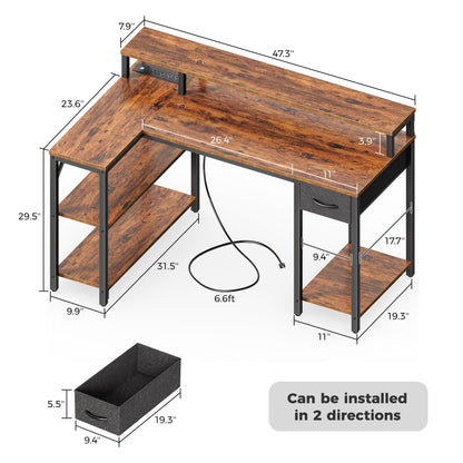 SUPERJARE 47 inch Reversible L Shaped Desk with LED Lights & Power Outlets, Computer Desk with Shelves & Monitor Stand, Gaming Desk with Drawer, Home Office Desk Corner Desk, Rustic Brown