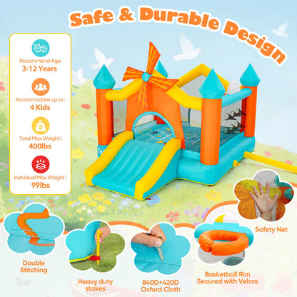 Bounce House for Big Kids 5-10, Large 12.5 × 10FT Windmill Inflatable Bouncy Castle, with Slide & Dual Basketball Hoops & Spacious Jump Area, Outdoor Backyard Birthday Party, with 550W Blower