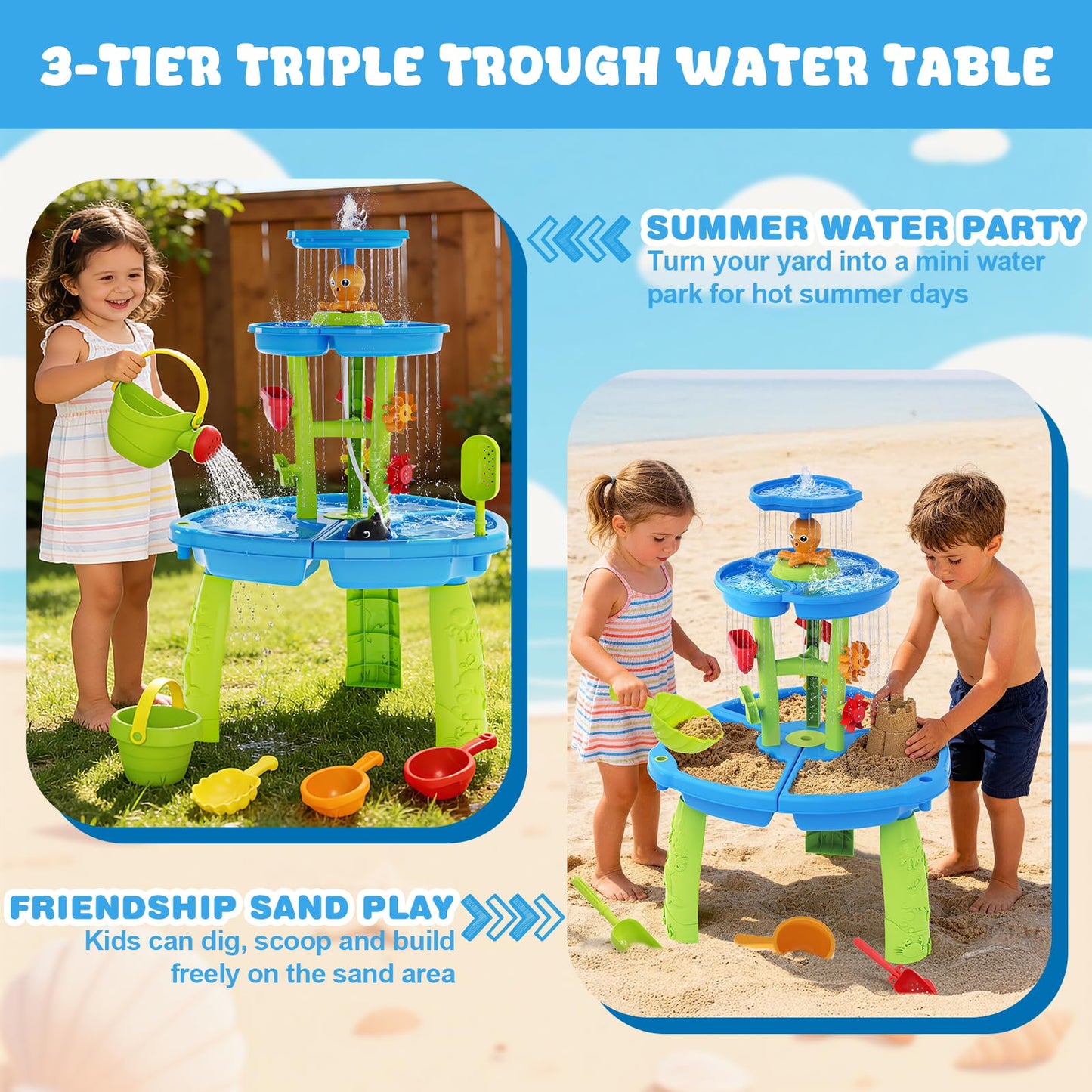 2026 Toddlers Water Table, 3-Tier Rain Showers Splash Pond Sensory Table with Water Pump & Water Toy Accessories, Summer Outdoor Toys, Kids Water and Sand Activity Playset for Boys Girls Age 3-5