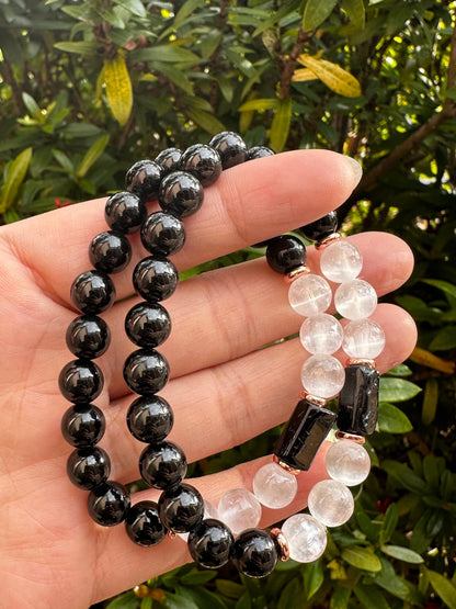 Black Tourmaline and Selenite Crystal Bead Bracelet 8mm, Genuine Black Tourmaline Cylinder with Copper Discs Stretch Gemstone Bracelet, Healing Crystal Bracelet, Gift for Men & Women (1)
