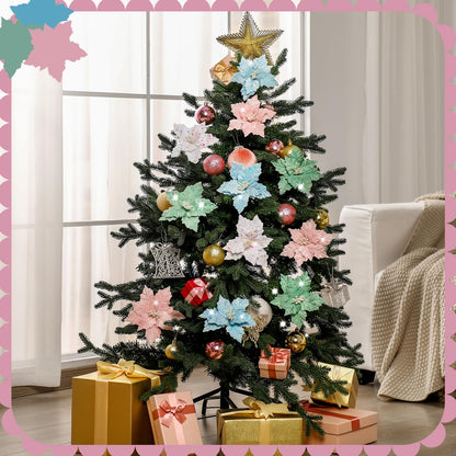 Thiccywoov 12 Pcs Christmas Tree Pastel Poinsettia Christmas Candyland Decorations Glitter Flowers 6" Xmas Tree Decorations with Clips Stems Xmas Ornaments for Wedding Party Wreath Decoration