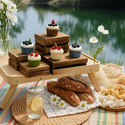 Merrifete 8PCS Wooden Buffet Risers and Stands with Reusable Table Signs, stackable Cube Rustic Wood Food Risers for Buffet Display, Cupcake Holder, Cupcake Stand, Dessert Table Display Set, 8PCS