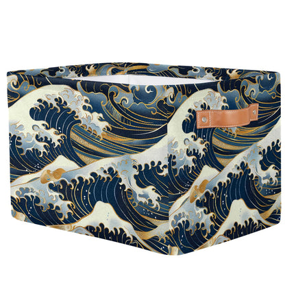 HSYOYO Ocean Waves Japanese Storage Basket with Handles Collapsible Storage Bins Rectangular Toy Storage Organizer Box Fabric Shelf Baskets for Nursery Bedroom Bathroom 1PC