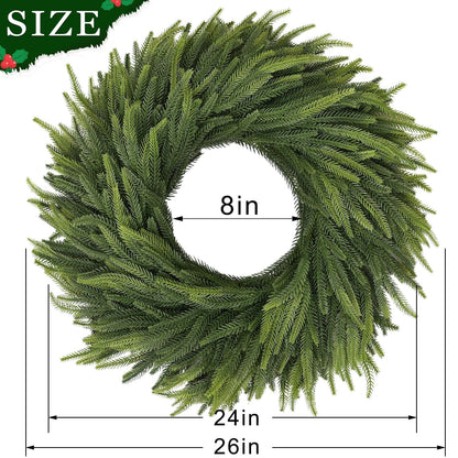 26" Large Christmas Norfolk Pine Wreath - Artificial Christmas Wreaths Faux Pine Needles Fake Green Wreath for Front Door, Wall, Windows, Home,Outdoor,Xmas Decor