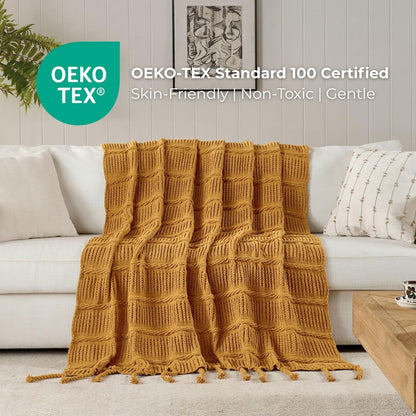 Boho Knitted Chenille Blanket with Tassels - Lightweight & Soft All-Season Throw - 3D Classic Pattern for Living Room Bedroom Couch, Amber Brown, Throw 50"x60"