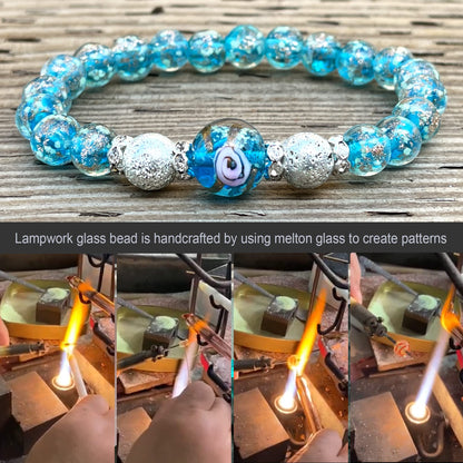 ARTSY Crafts Glow in the Dark Firefly Beads Bracelet for Women, Luminous Glass Beads Healing Crystal Glowing Beaded Bracelets, Mermaid Bracelet, Stretch Stackable Bangle Wristband (Sky Blue)