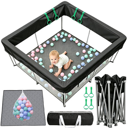 Desque Foldable Baby Playpen with Mat, 50"×50" Collapsible Play Yard for Babies and Toddlers, No Assembly Required, Kids Safety Play Area with 4 Handles, 50 Balls and Visible Mesh, Black