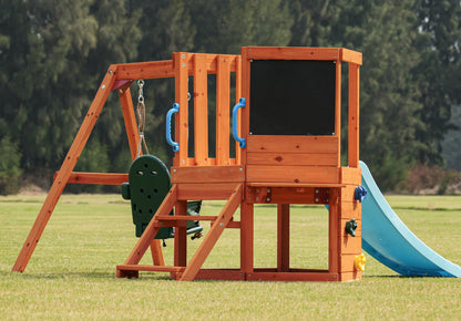 Dolphin Playground 5-in-1 Toddler Swing Sets with Slide for Backyard, Toddler Outdoor Playset with Baby Swing, Table, Blackboard, Kid Slide, Rock Climbing Wall, Ages 18 mo to 4 yrs
