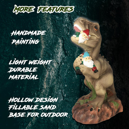 PARTYGEARS Dinosaur Statue with Gnomes, 16“ Large Outdoor Garden Statues Yard Decor, Funny Dinosaur Holding Gnomes Figurines for Patio Lawn, Weatherproof Gnome Decorations for Home, Unique
