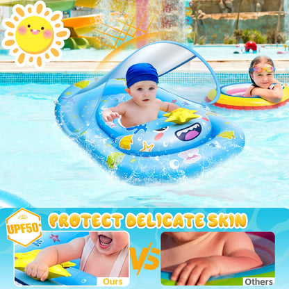 SKINFRND Baby Float with Canopy- UPF50+ Sun Protection Baby Pool Float，Inflatable Kids Pool Float with Adjustable Safety Seat for 6-36 Months Kids Swimming,with Marine Animal Floating Toys