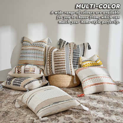 AmHoo Set of 2 Chenille Striped Tufted Textured Boho Throw Pillow Covers Aesthetic with Tassels Woven Decorative Pillow Case for Couch Bed Sofa Bedroom Modern Funky 18 x 18-Inch Brown White