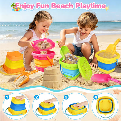 OCHIDO 4 Pack Collapsible Beach Toys for Kids Toddlers, Sand Toys with 4 Collapsible Beach Bucket with Sifter, 4 Beach Shovel and Storage Mesh Bag, Travel Sandbox Toys Beach Essentials for Age 3-10