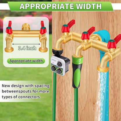 Boltigen 3 Way Water Hose Valve Splitter, Brass High Flow Garden Hose Faucet, 3/4 NPT Inlet to 3/4 GHT Outlet Garden Hose Manifold, Three Way Water Outdoor Splitter with Shut Off, Gold