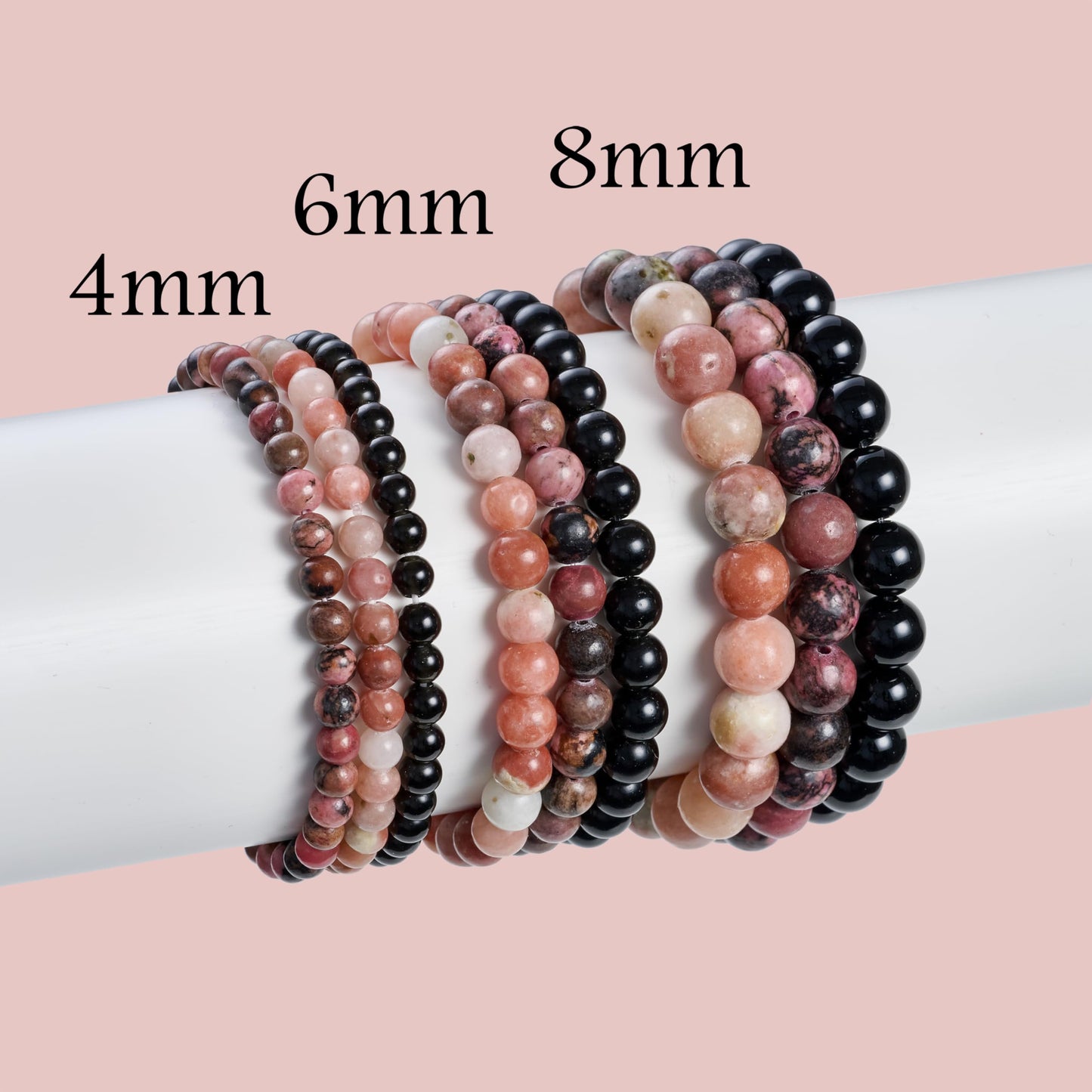 Bivei 3-Piece 4mm Beaded Bracelets for Women – Plum Blossom Jade, Rhodonite, Black Obsidian – Handmade Natural Crystal Stretch Elastic Jewelry for Meditation, Yoga, Protection Gifts