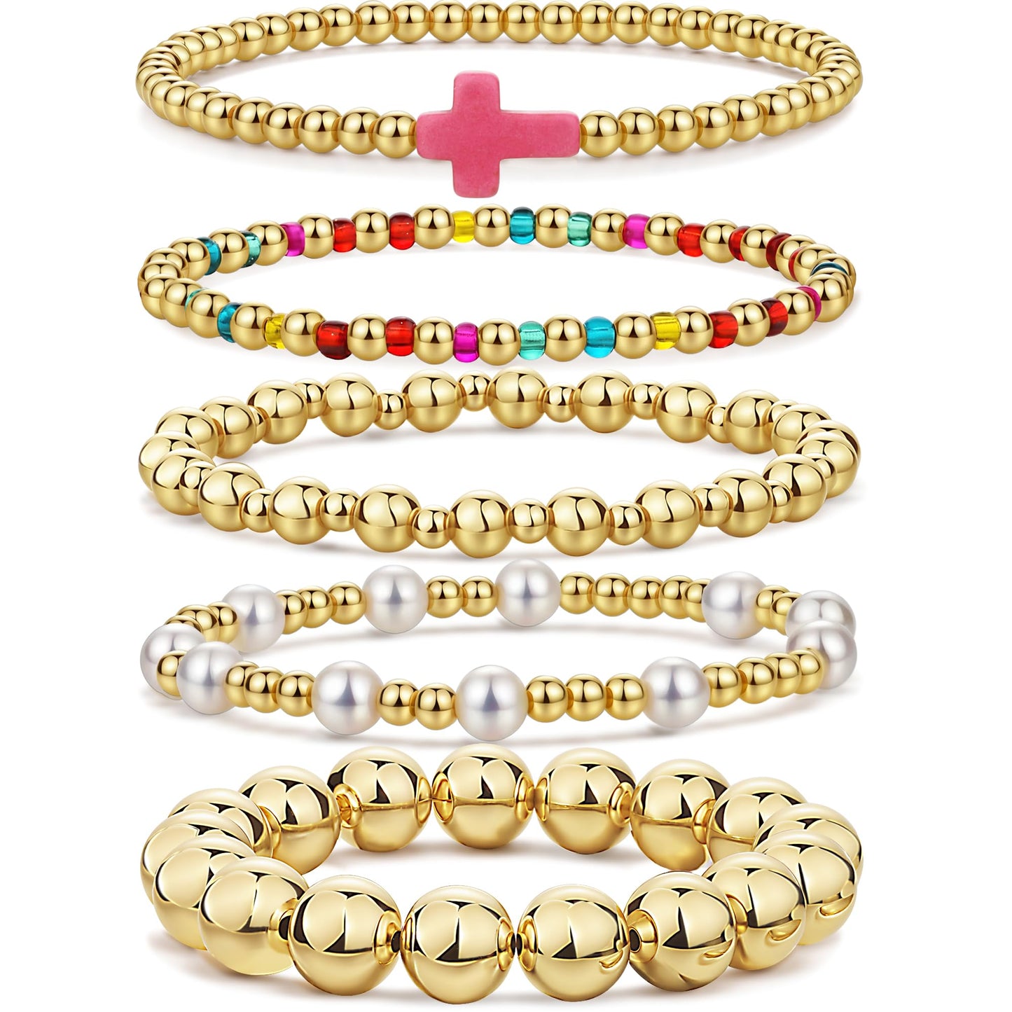 Qiuseadu Chunky Gold Beaded Stack Bracelets Beads Ball Cross Colorful Statement Bracelets Set for Women (Rainbow Accent)