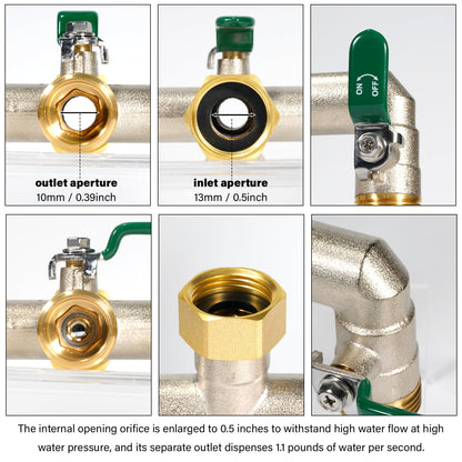 Yayamz Heavy Duty Brass Garden Hose Splitter - 3-Way 3/4" GHT Thread, High Flow Faucet Splitter, Water Hose T Spigot Splitter with Shutoff Valves, Water Adapter & Connector-Long Metal Handle