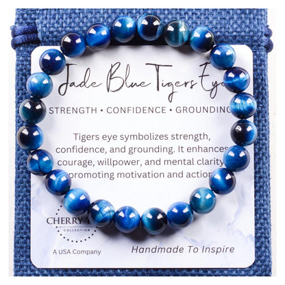 Cherry Tree Collection – Handmade Crystal Beaded Stretch Bracelets with Jade Blue Tiger's Eye for Women & Men - 8mm Round Gemstone for Protection, Balance & Luck, Small