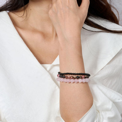 Bivei 3-Piece 8mm Beaded Bracelets for Women – Rhodonite, Rose Quartz, Black Obsidian – Handmade Natural Crystal Stretch Elastic Jewelry for Meditation, Yoga, Protection Gifts
