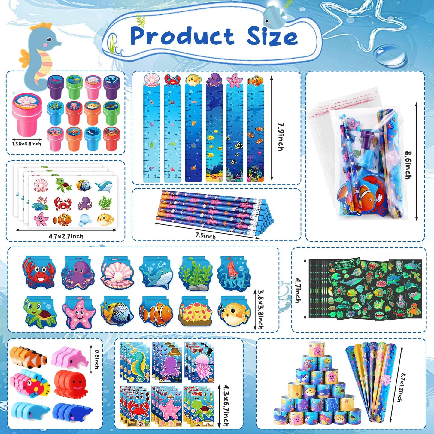 BenLouis 240Pcs Under the Sea Party Favors Ocean Animals Party Stampers Stickers School Stationery Bulk for Kids Sea Shark Birthday Mermaid Party Goodie Bag Stuffer Classroom Gifts Rewards Supplies