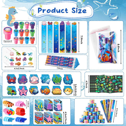 BenLouis 240Pcs Under the Sea Party Favors Ocean Animals Party Stampers Stickers School Stationery Bulk for Kids Sea Shark Birthday Mermaid Party Goodie Bag Stuffer Classroom Gifts Rewards Supplies